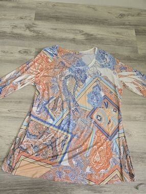Reba Paisley & Geometric Scoop Neck Tunic in Coral and Sky Blue